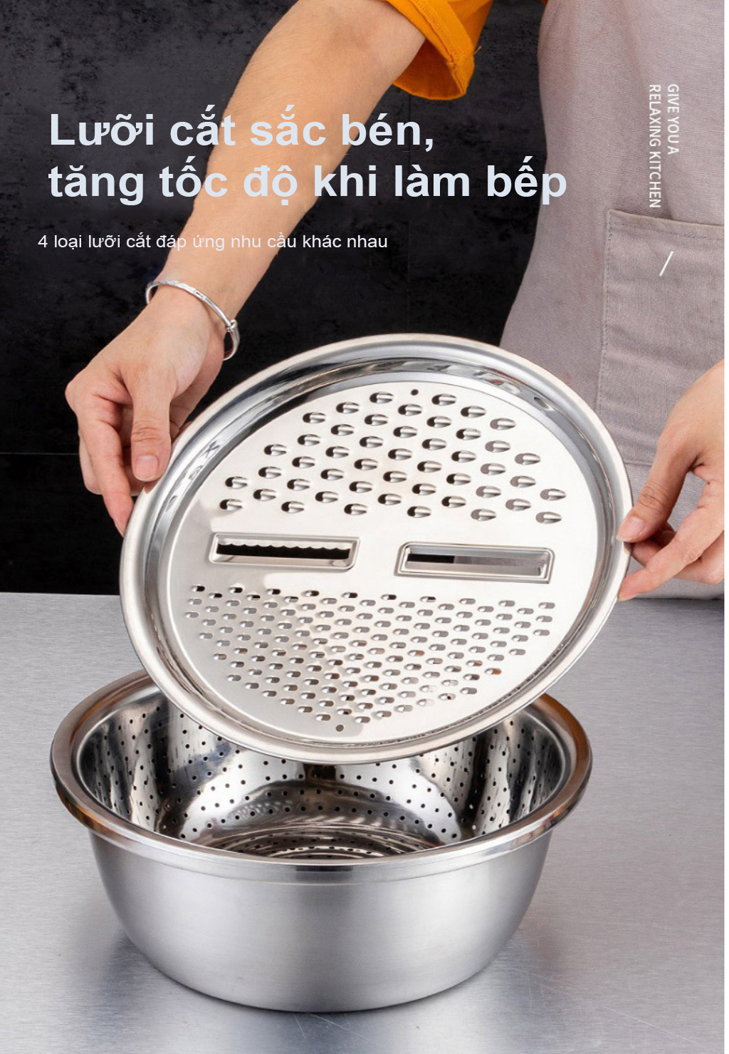 Bộ thau rổ inox không gỉ kèm bàn nạo rau củ có thể đun trên bếp - Hàng ...