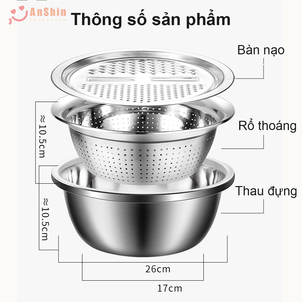 Bộ thau rổ inox không gỉ kèm bàn nạo rau củ có thể đun trên bếp - Hàng ...