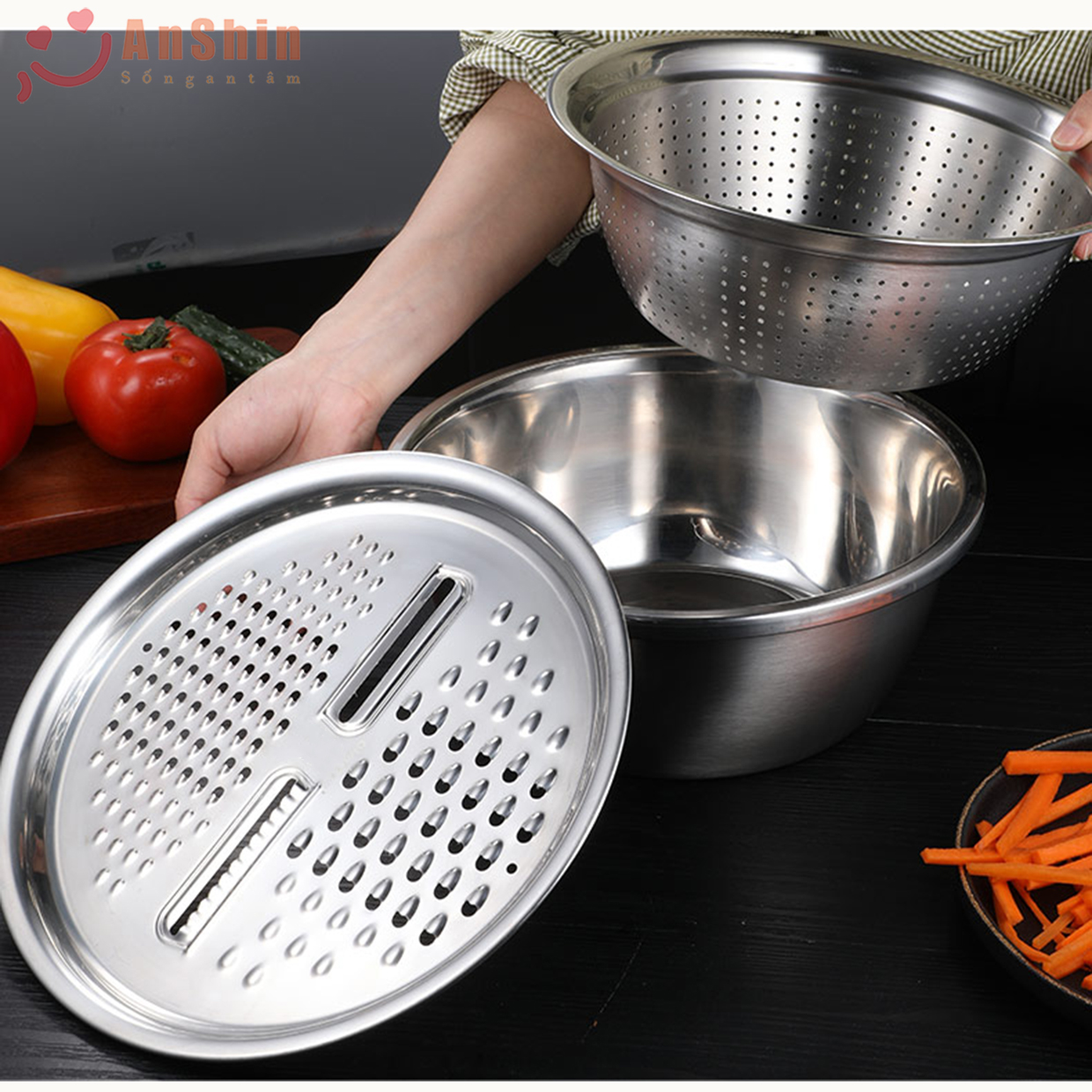 Bộ thau rổ inox không gỉ kèm bàn nạo rau củ có thể đun trên bếp - Hàng ...