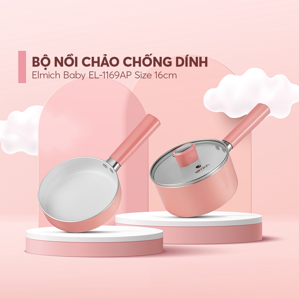 Mô tả Bộ nồi chảo chống dính sứ Elmich Baby EL 1168 - 4