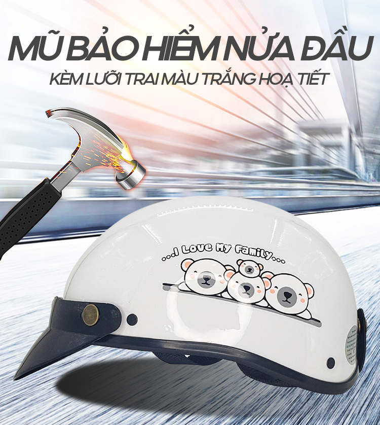 Mô tả Mũ Bảo Hiểm B'color Màu Trắng Hình Gấu Loại Nửa Đầu Kèm Lười Trai - 1