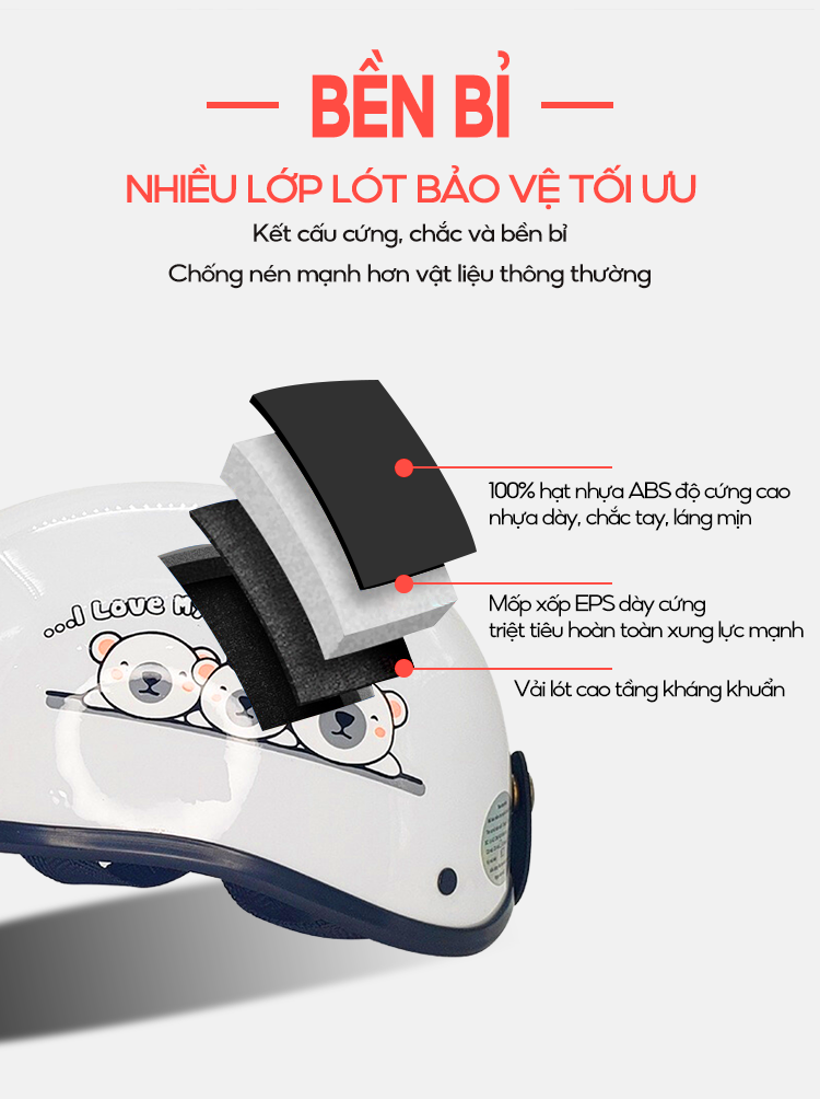 Mô tả Mũ Bảo Hiểm B'color Màu Trắng Hình Gấu Loại Nửa Đầu Kèm Lười Trai - 3