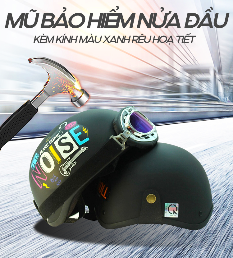Mô tả Mũ Bảo Hiểm Màu Đen Có Chữ Noise Loại Nửa Đầu Kèm Kính Thời Trang B'COLOR - 1