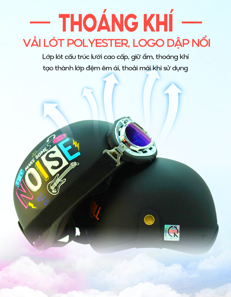 Mô tả Mũ Bảo Hiểm Màu Đen Có Chữ Noise Loại Nửa Đầu Kèm Kính Thời Trang B'COLOR - 4