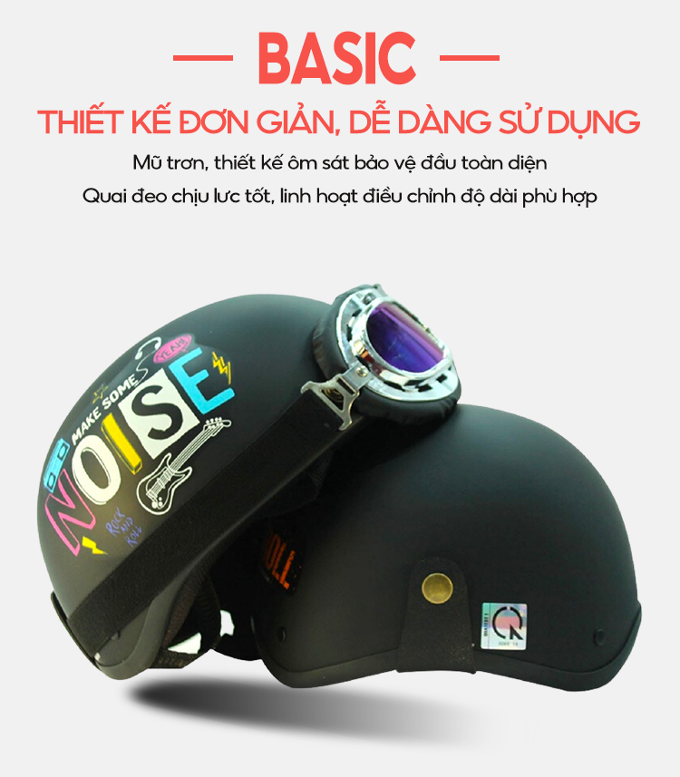Mô tả Mũ Bảo Hiểm Màu Đen Có Chữ Noise Loại Nửa Đầu Kèm Kính Thời Trang B'COLOR - 5