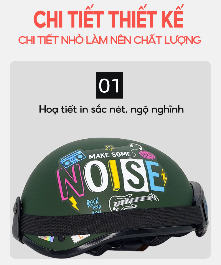 Mô tả Mũ Bảo Hiểm Màu Đen Có Chữ Noise Loại Nửa Đầu Kèm Kính Thời Trang B'COLOR - 6