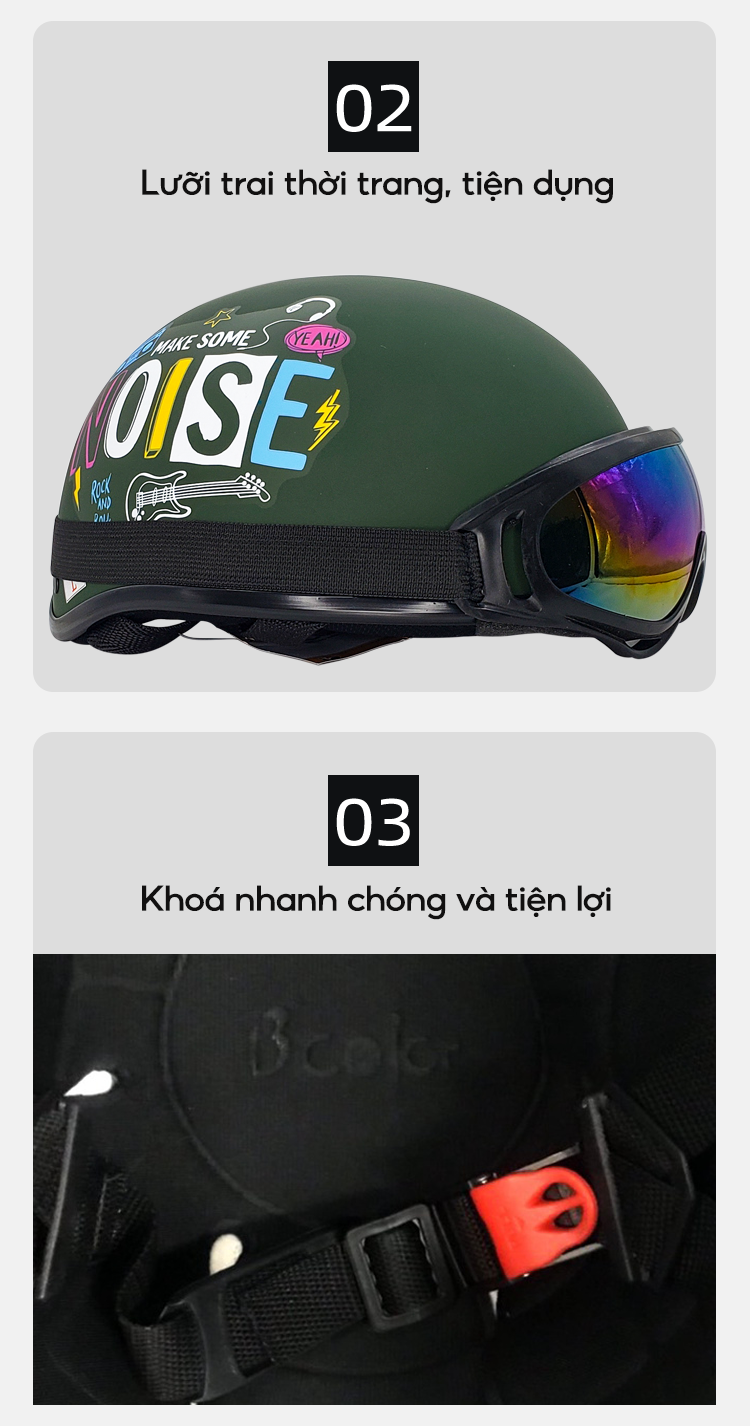 Mô tả Mũ Bảo Hiểm Màu Đen Có Chữ Noise Loại Nửa Đầu Kèm Kính Thời Trang B'COLOR - 7