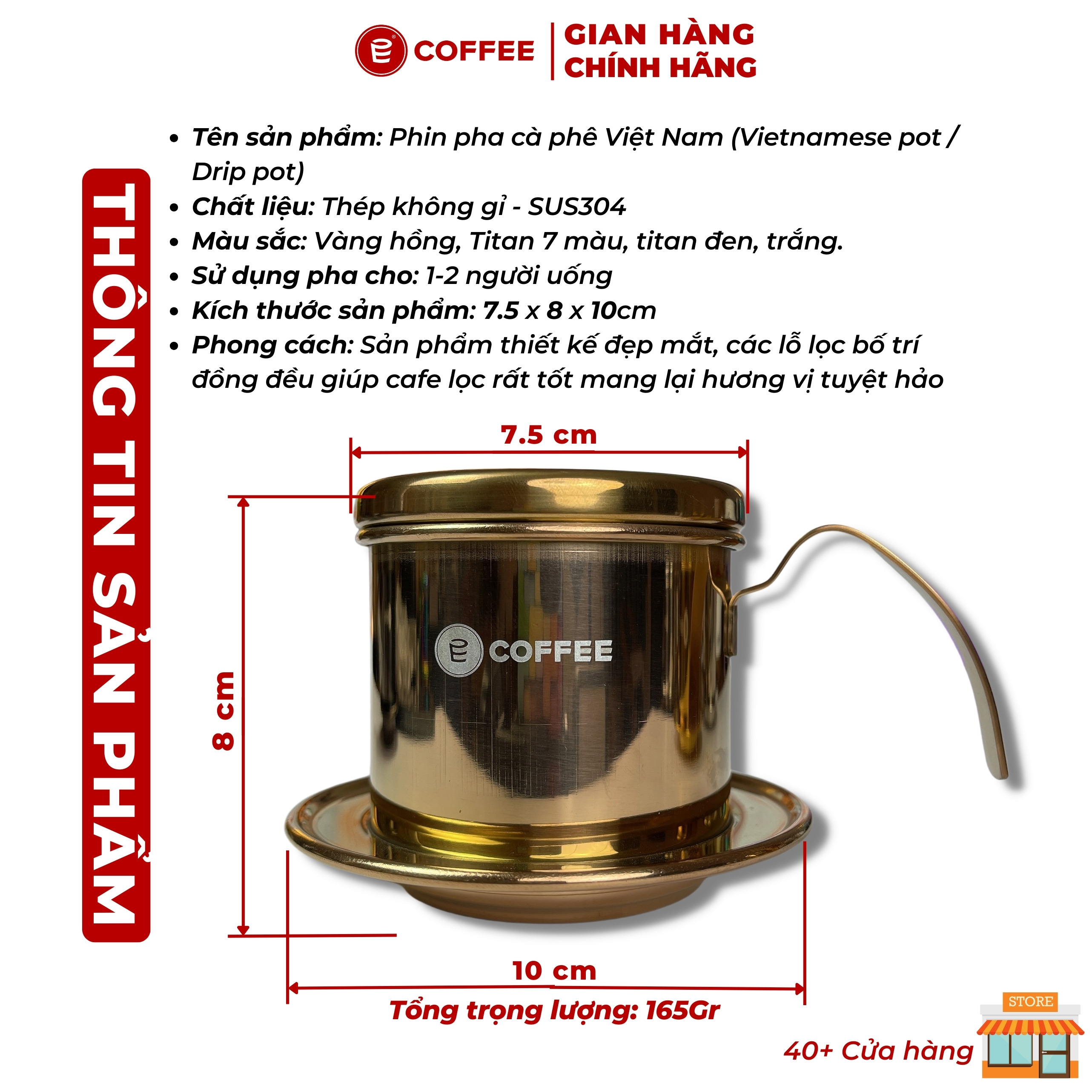 Phin cà phê Inox cao cấp màu vàng chuẩn Inox SUS304 với thiết kế sang ...