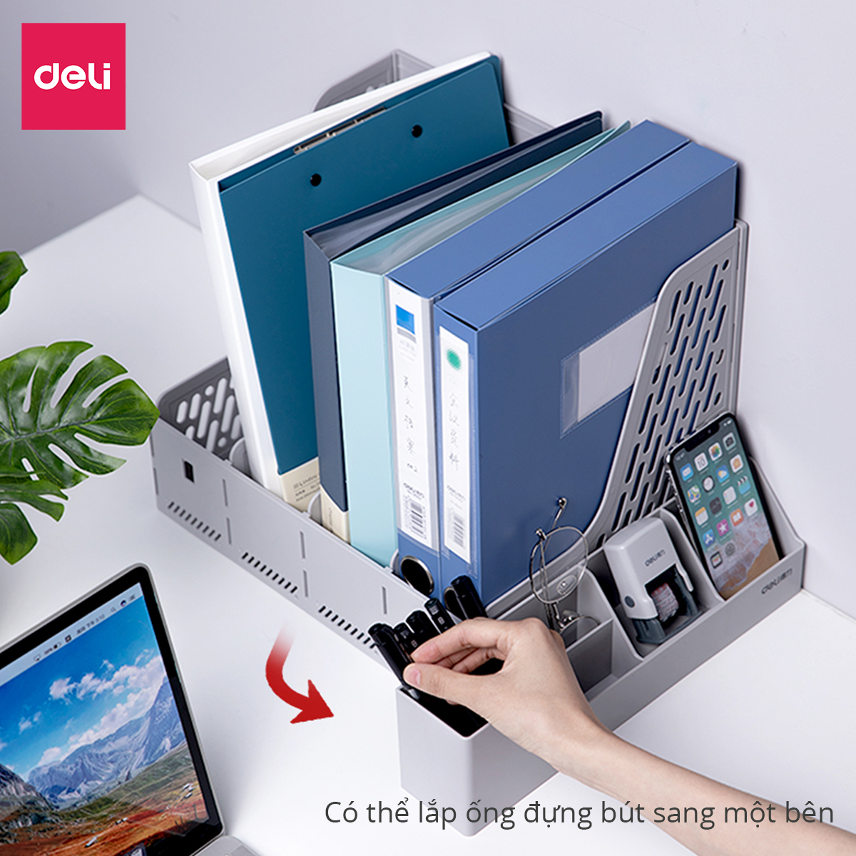 Mô tả Giá Kệ Đựng Tài Liệu Văn Phòng Deli - Khay Đựng Tài Liệu 4 Ngăn Kèm Khay Đựng Bút Đựng Sách Vở Để Bàn Decor Bàn Học - 1