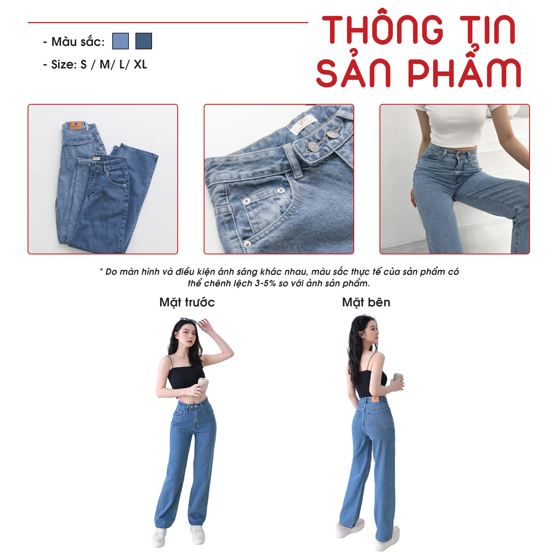 Mô tả Quần jean ống rộng nữ VMSTYLE, Quần jeans ống suông cạp cao 2 nút ngang dễ phối đồ đi chơi N99 - QJR00005 - 2