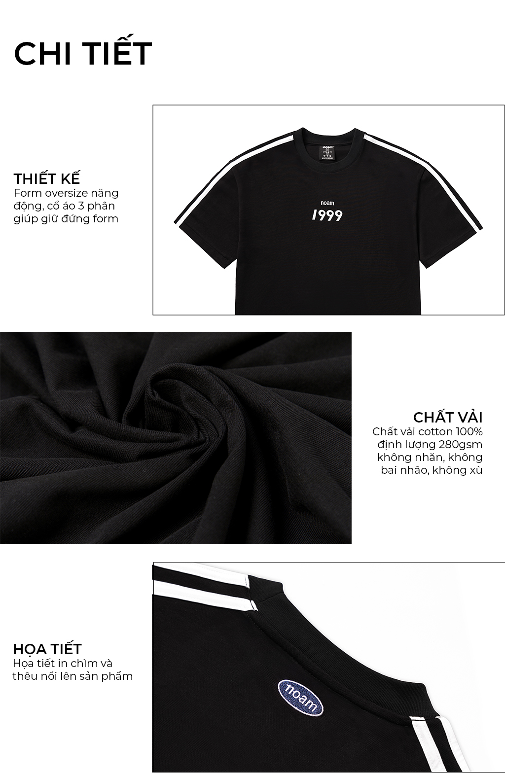 Mô tả Áo thun Form rộng NOAM Triple Stripes Unisex 100% Cotton - Màu đen/trắng/xanh - 4