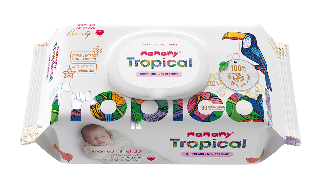 Mô tả Combo 3 gói khăn ướt Mamamy Tropical 60 tờ không mùi cao cấp chính hãng cho mẹ và bé, sợi vải thuần tự nhiên và rayon - 1