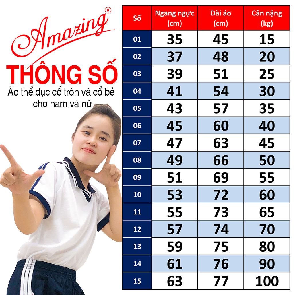 Mô tả Áo thun thể dục 3 sọc vai, cổ bẻ và cổ tròn, đồng phục thể thao cho học sinh nam nữ, từ 20-105kg - 1
