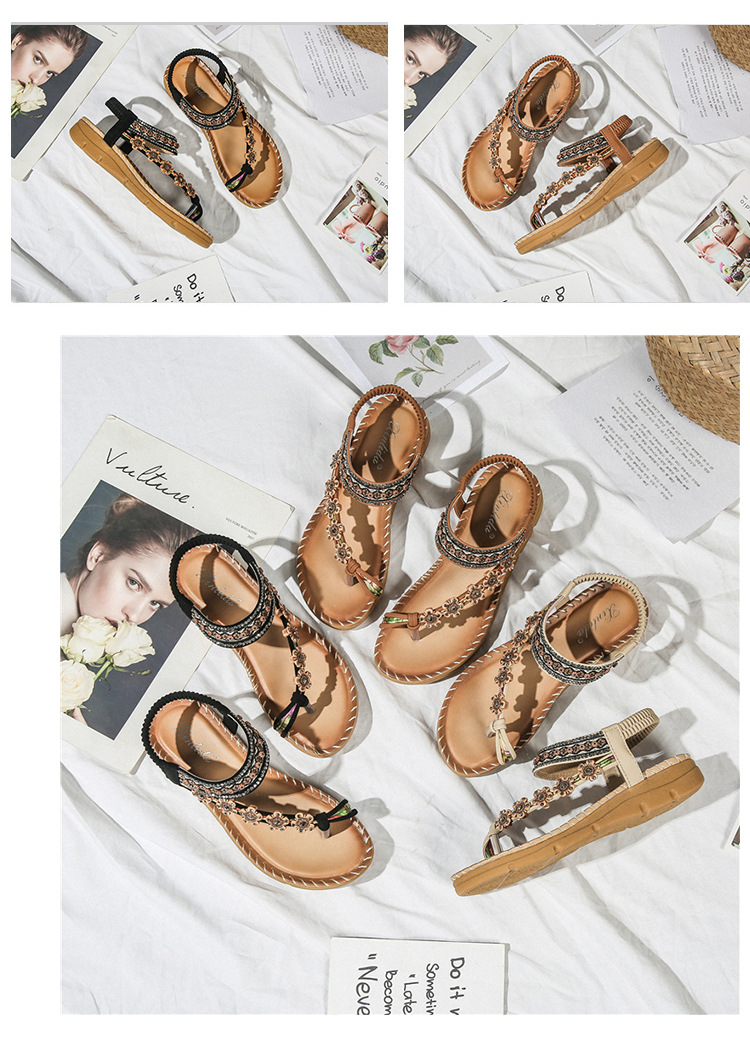 Giày Sandal Nữ Xỏ Ngón Quai Chéo Đính Hoa Màu Nâu