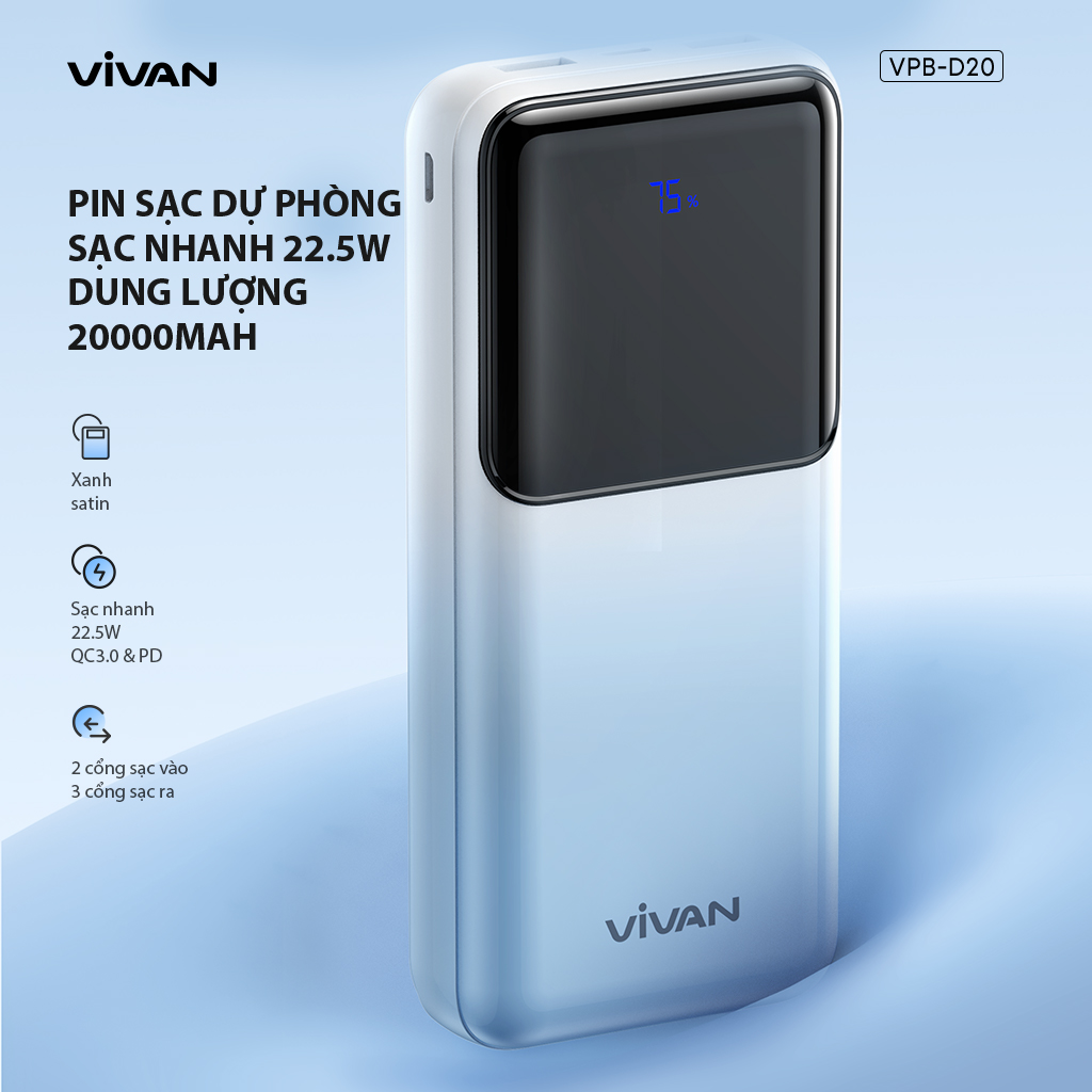Mô tả Pin Sạc Dự Phòng 20000mAh VIVAN VPB-D20, 3 Cổng Sạc Ra Công Suất 22.5W Màn Hình LED Hiển Thị Pin Hỗ Trợ PD/ QC3.0/ VOOC - 1