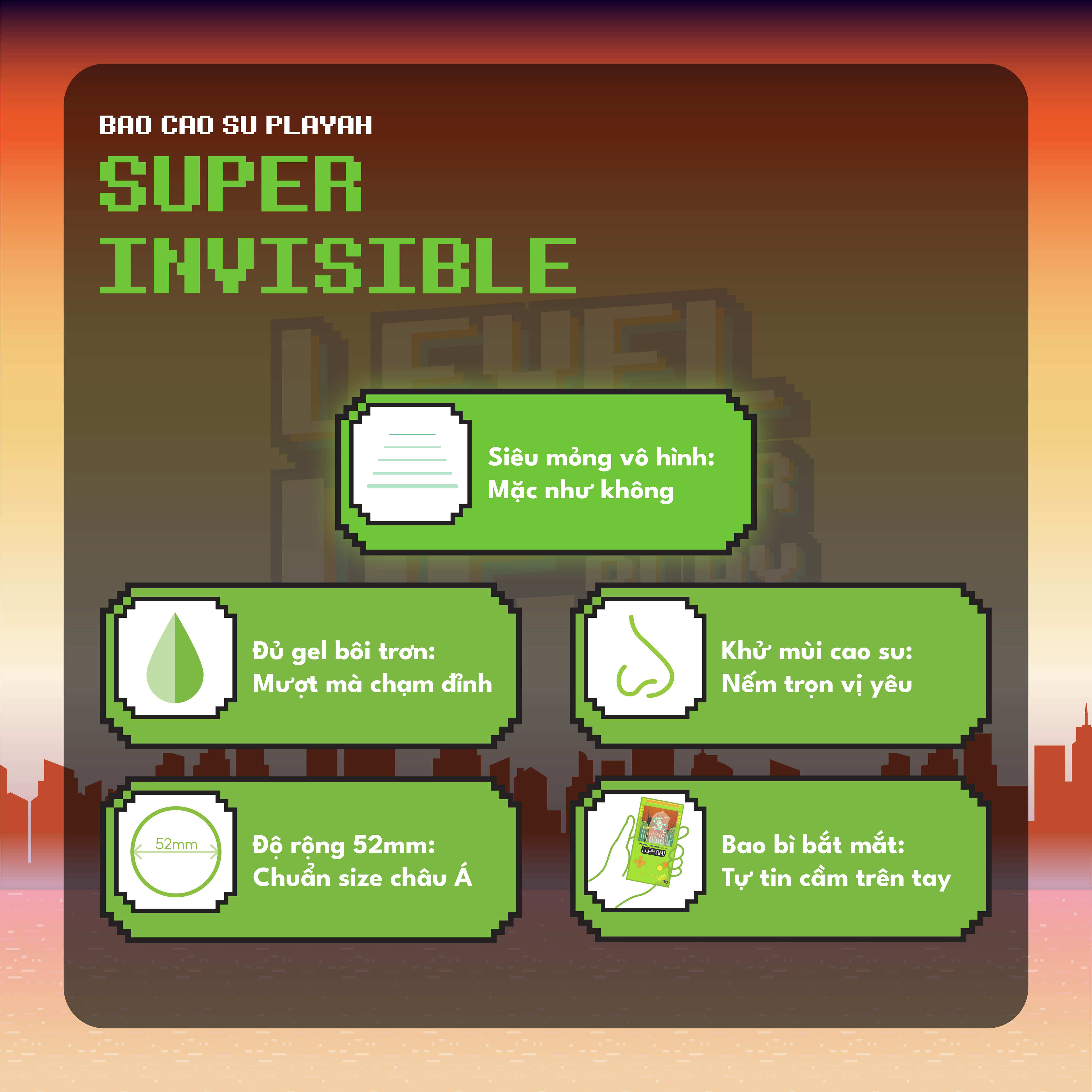 Mô tả Bao Cao Su PlayAh Super Invisible Siêu Mỏng/ Nhiều Gel/ Kéo Dài Thời Gian/ Có Gai Hộp 10 size 52mm - 2