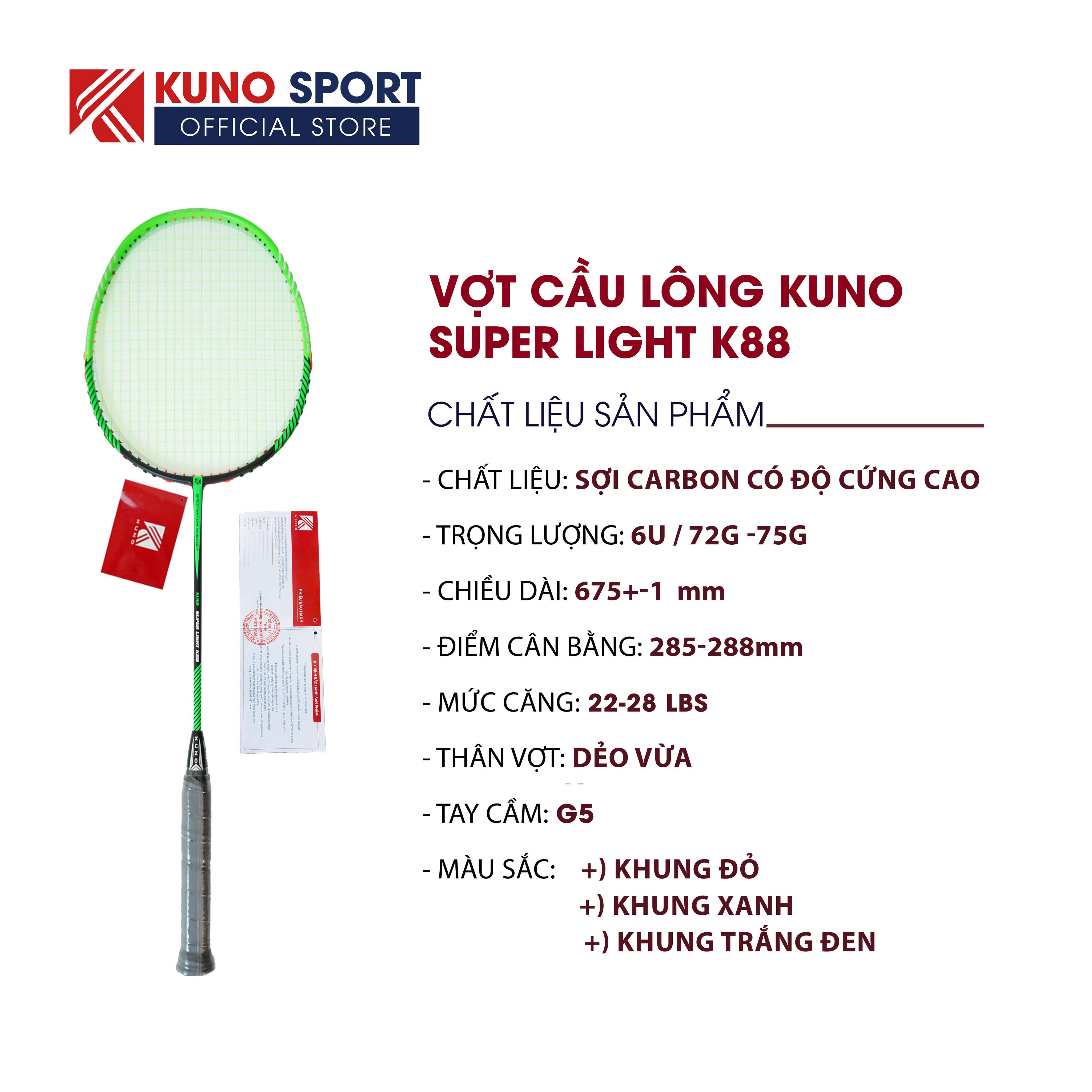 Mô tả Vợt cầu lông KUNO chính hãng, chất liệu full carbon cao cấp, 6U nhẹ 72g, vợt công thủ toàn diện, dễ chơi, căng sẵn 11kg - 2