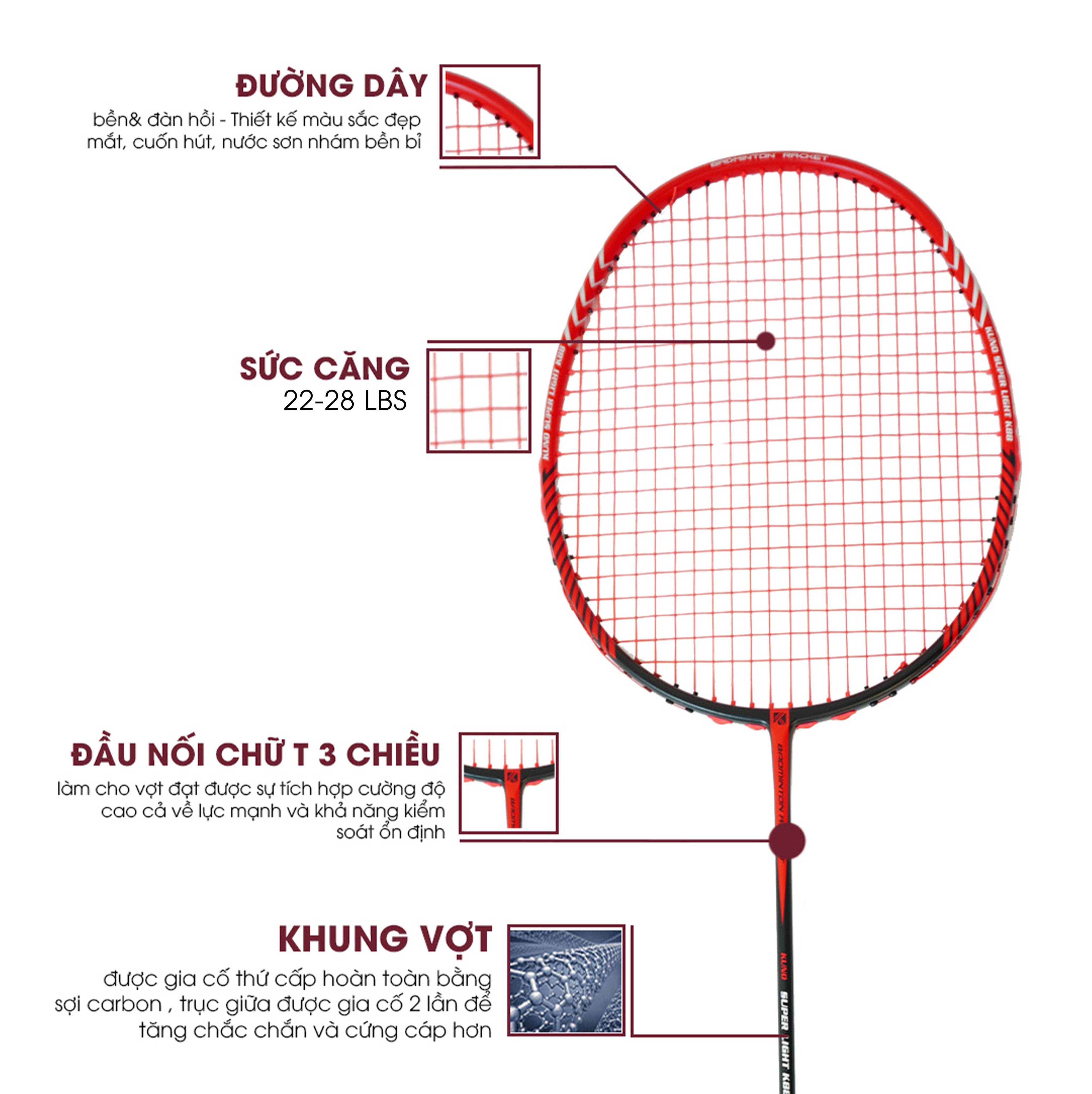 Mô tả Vợt cầu lông KUNO chính hãng, chất liệu full carbon cao cấp, 6U nhẹ 72g, vợt công thủ toàn diện, dễ chơi, căng sẵn 11kg - 3