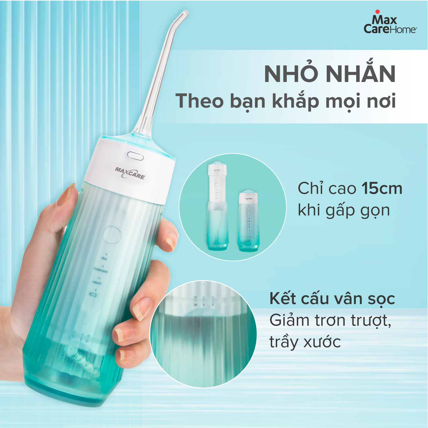 Mô tả Máy tăm nước cầm tay gấp gọn mini du lịch Maxcare UltraSonic Max456P Phun xoay 360 độ, Chống nước IPX7, dung tích 160ml - 2