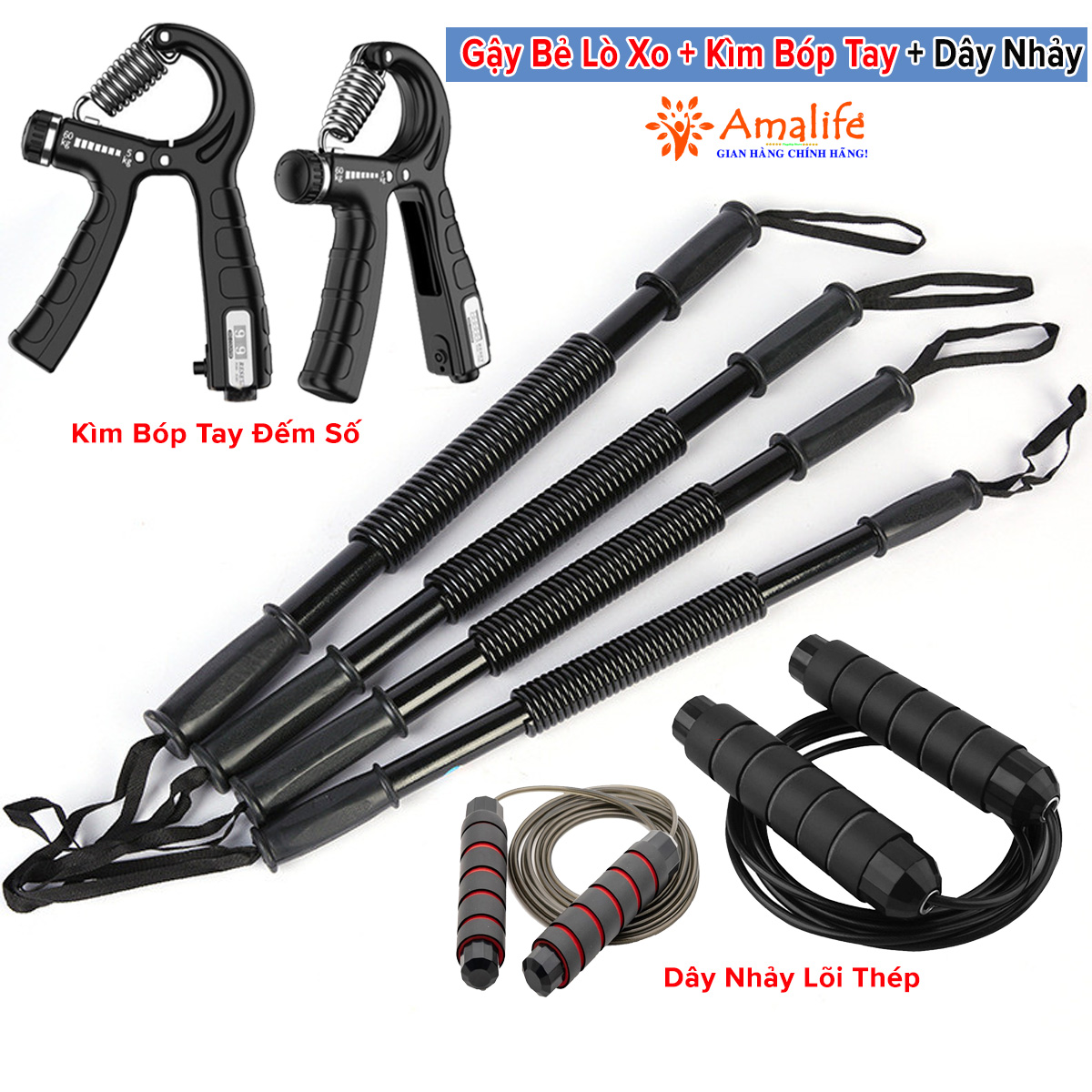 Mô tả Combo 3 Món Gậy Bẻ Lò Xo + Kìm Bóp Tay Đếm Số ECO + Dây Nhảy Lõi Thép Kháng Lực 20kg 30kg 40kg 50kg 60kg Hãng Amalife - 1