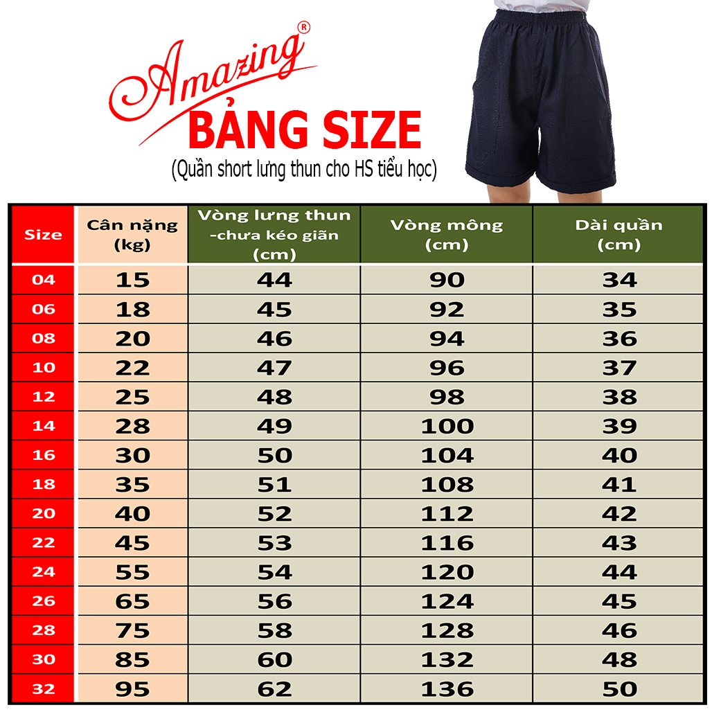 Mô tả Quần đùi, short lưng thun học sinh cấp 1, màu xanh đi học, 2 túi đắp ngoài, từ 14 đến 95kg, AMAZING - 1