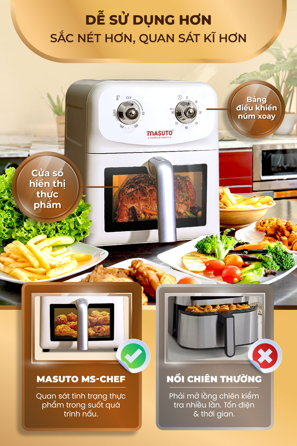 Mô tả Nồi Chiên Không Dầu Masuto MSChef 6L cửa sổ kính vỏ máy kim loại 1500W Đa Năng An Toàn Live - 1