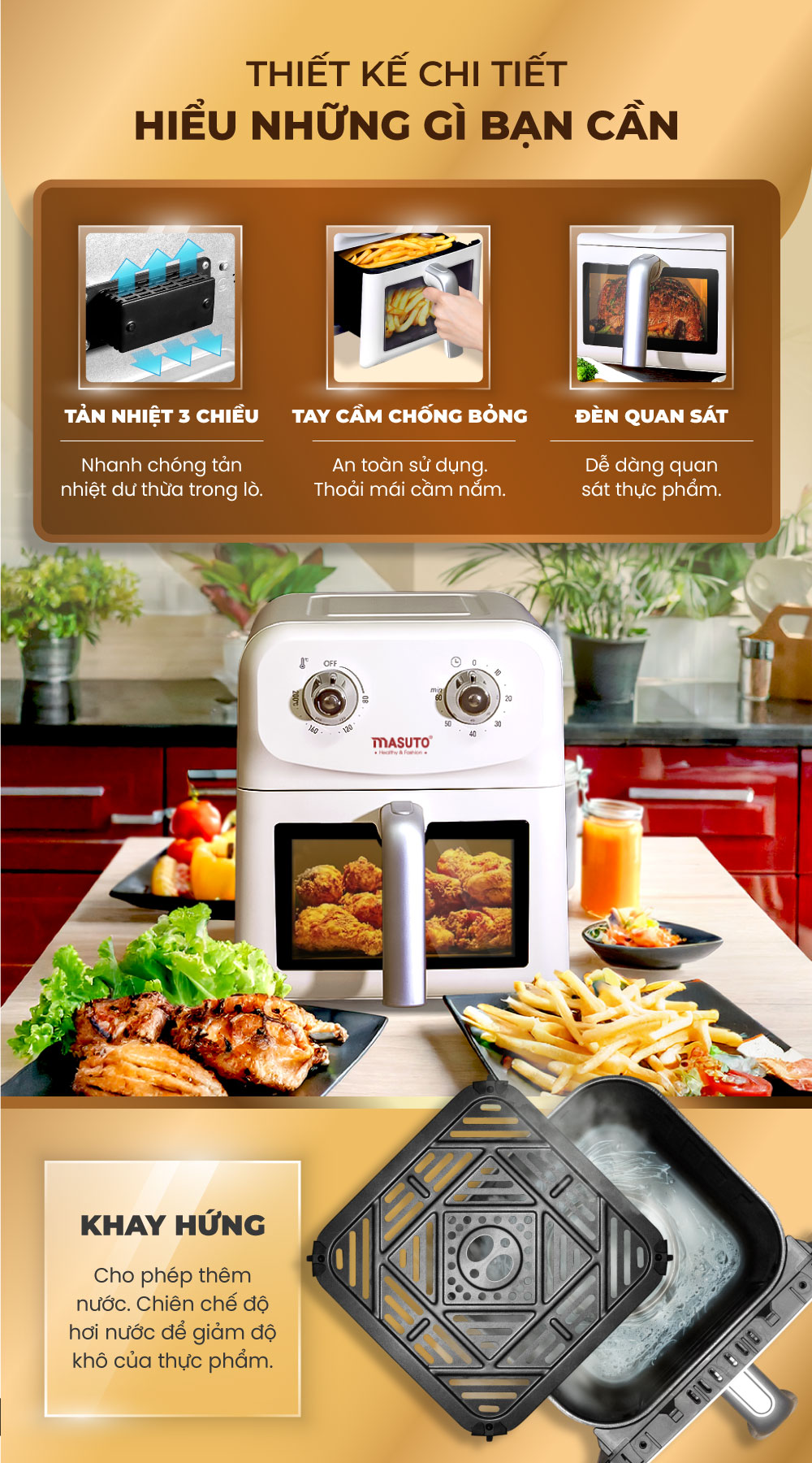 Mô tả Nồi Chiên Không Dầu Masuto MSChef 6L cửa sổ kính vỏ máy kim loại 1500W Đa Năng An Toàn Live - 2