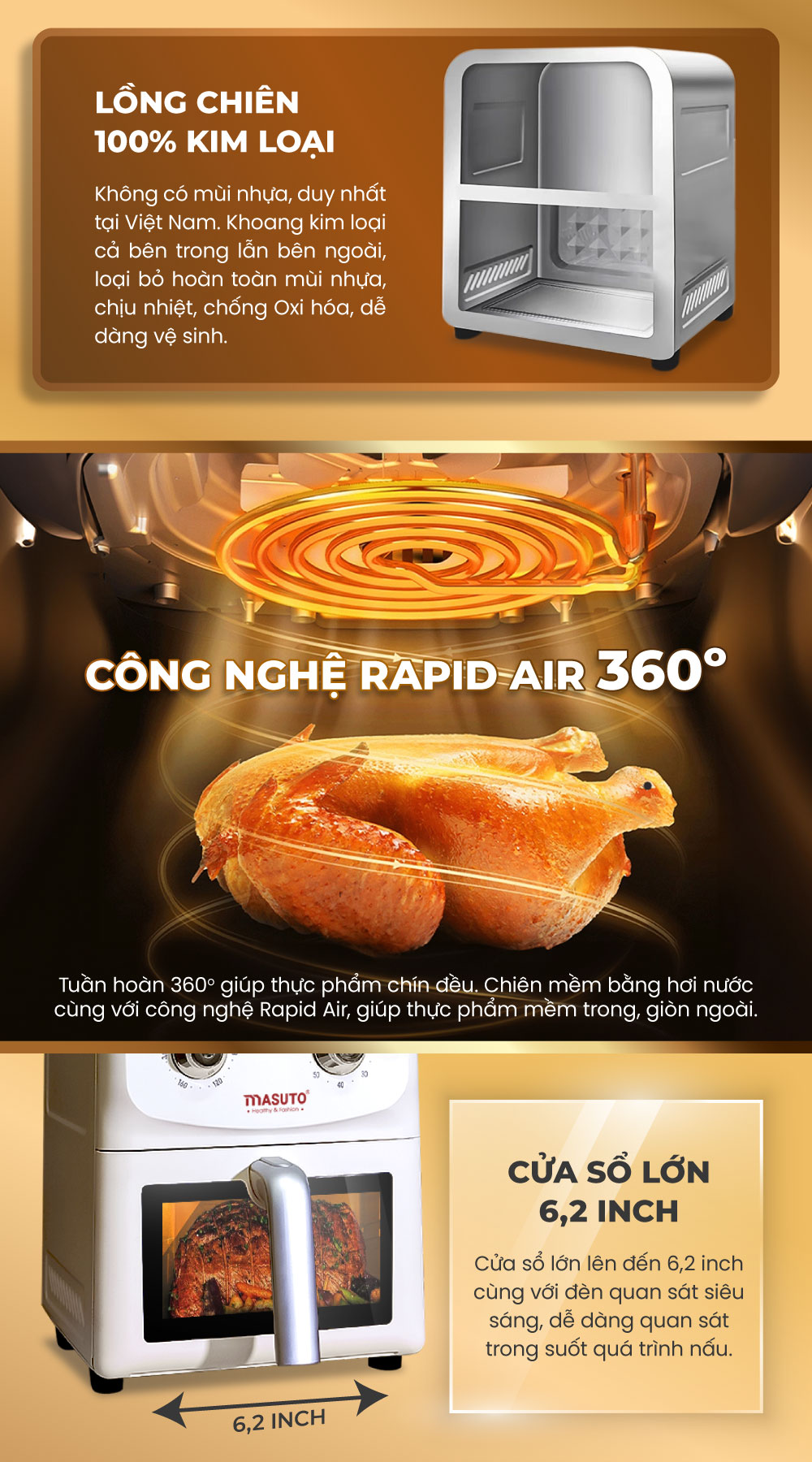 Mô tả Nồi Chiên Không Dầu Masuto MSChef 6L cửa sổ kính vỏ máy kim loại 1500W Đa Năng An Toàn Live - 3
