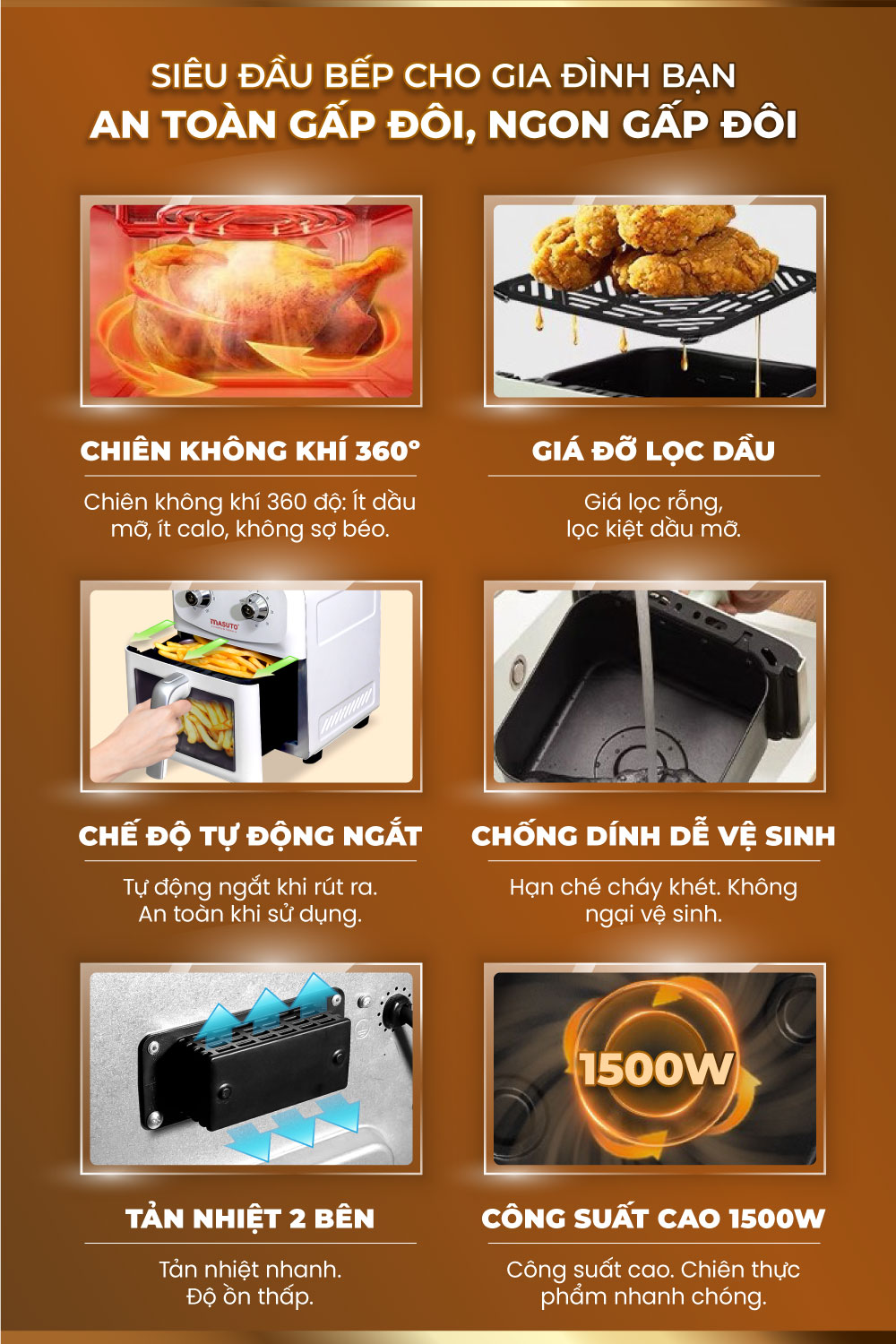 Mô tả Nồi Chiên Không Dầu Masuto MSChef 6L cửa sổ kính vỏ máy kim loại 1500W Đa Năng An Toàn Live - 4