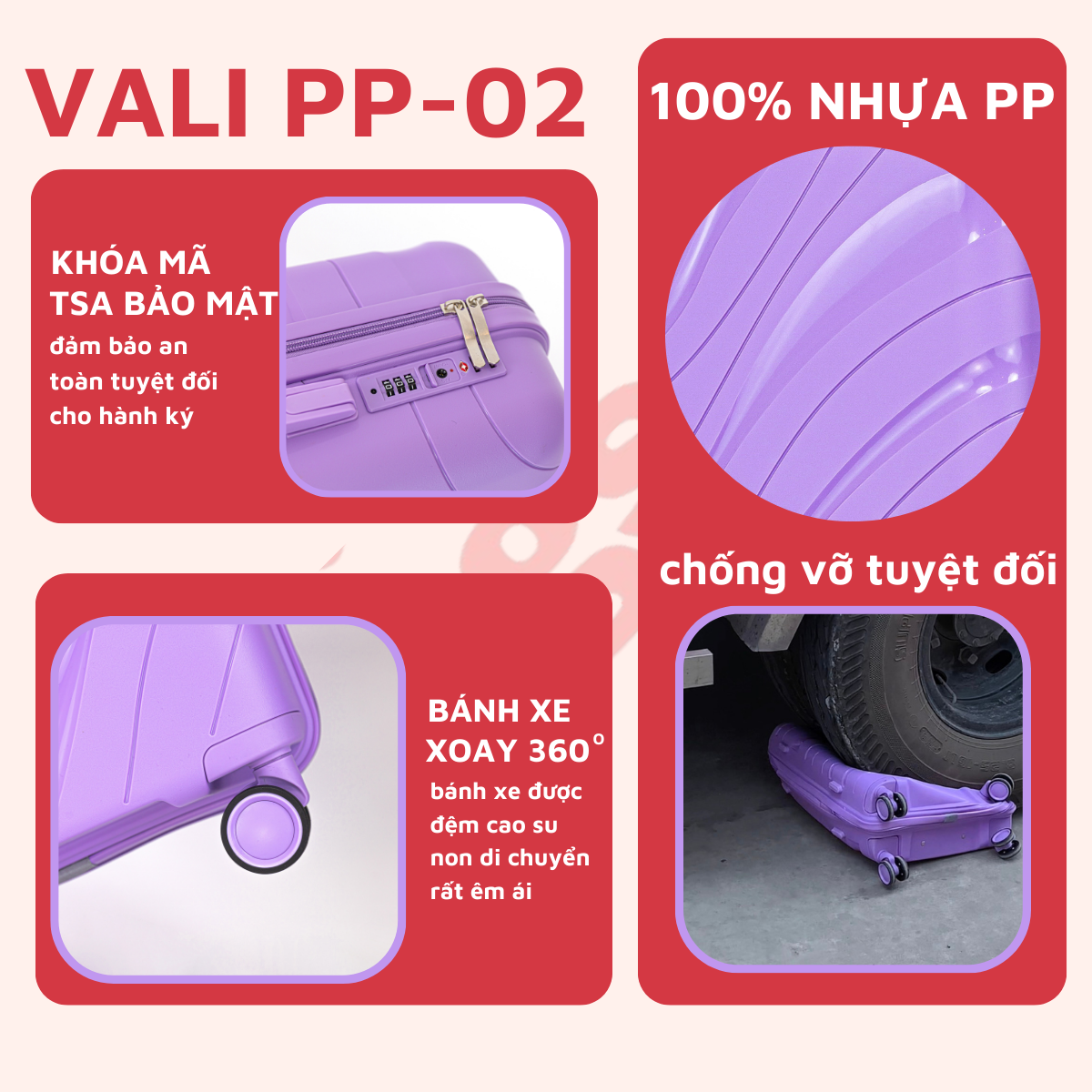 Mô tả Vali Du Lịch Nhựa PP02 Cao Cấp, Vali Kéo Chống Va Đập Size 28, Bảo Hành 5 Năm - 3