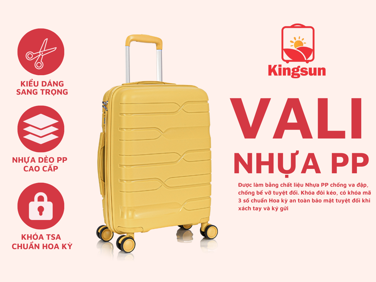 Mô tả Vali Kéo Du Lịch Nhựa PP01 Cao Cấp Kingsun Chống Va Đập Size 20/24, Bảo Hành 5 Năm - 1