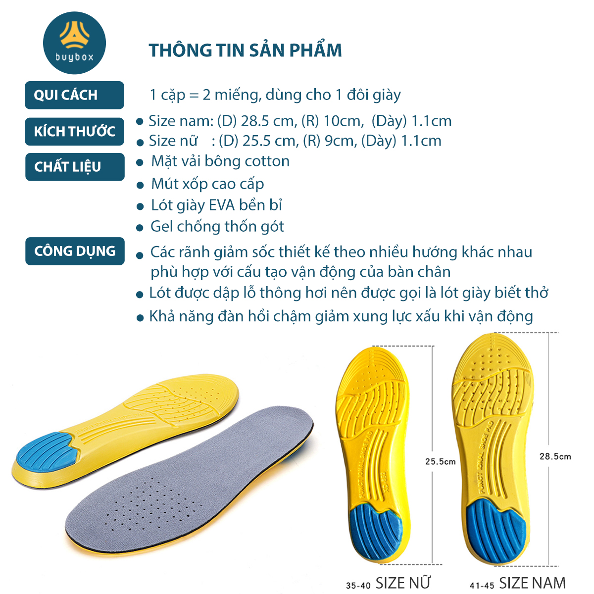 Mô tả Lót giày thể thao EVA biết thở và có gel chống thốn gót buybox BBPK26 - 8