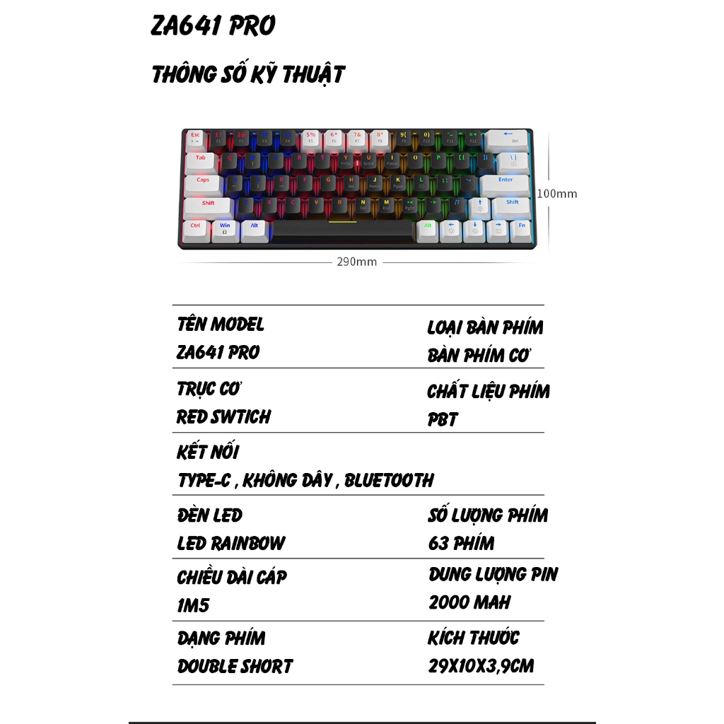 Bàn Phím Cơ Không Dây Bluetooth Atas ZA641 V2 - Red Swtich Có Hotswap ...
