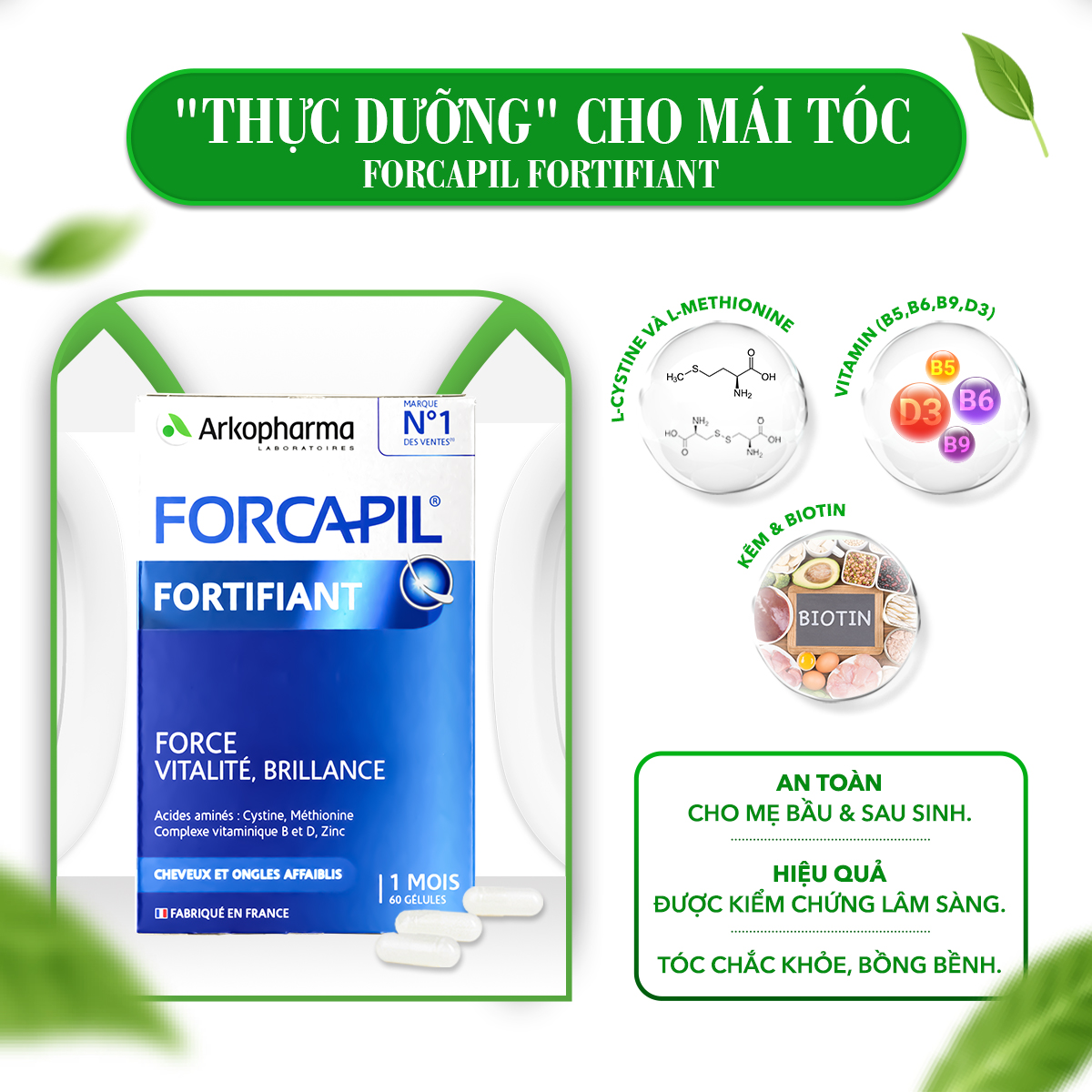 Mô tả Viên Uống Giảm Rụng Tóc Sau Sinh, Hỗ Trợ Mọc Tóc Biotin, Cystine Arkopharma Forcapil Fortifiant - 60 viên - 1