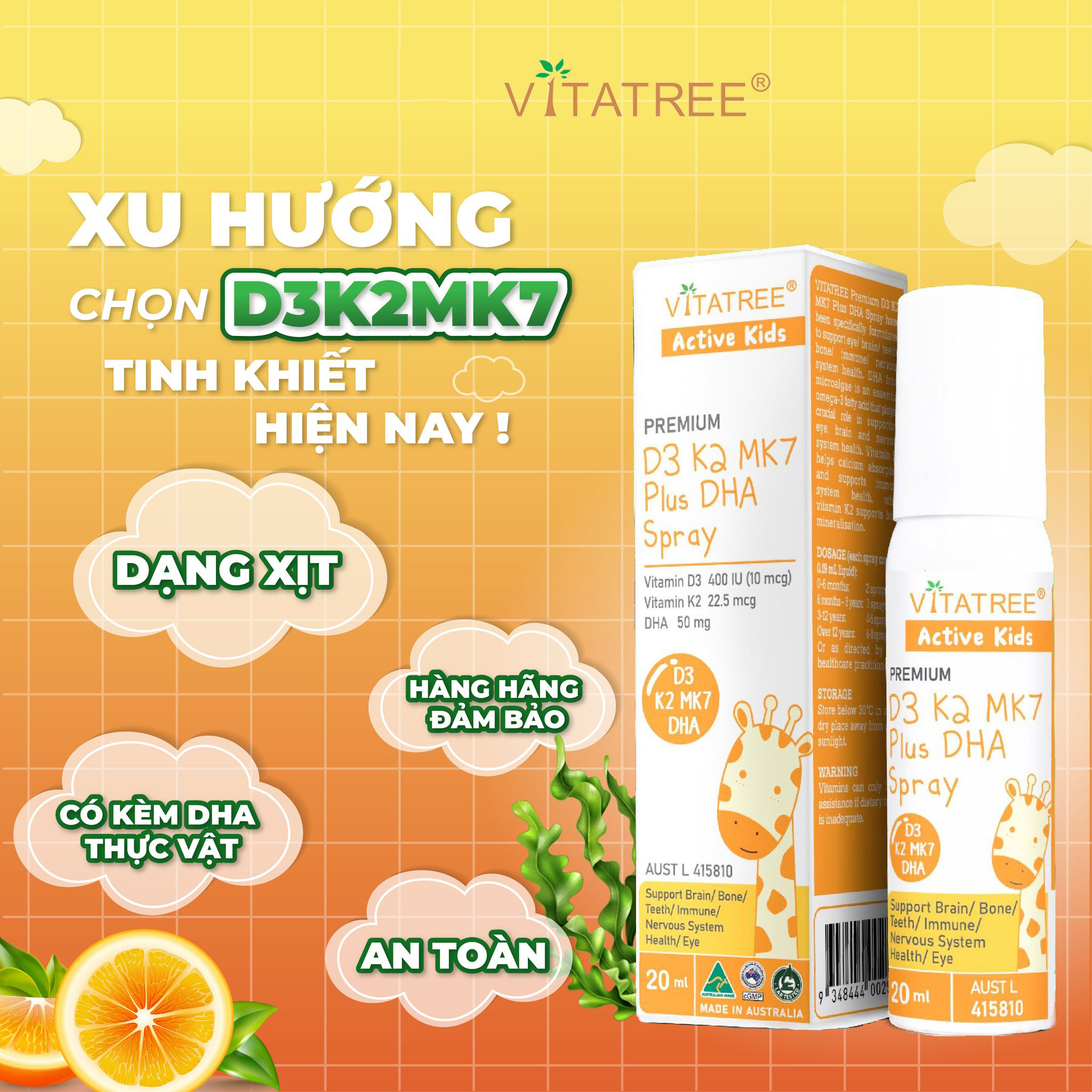 D3k2 Dha Mk7 Dạng Xịt Dành Cho Trẻ Vitatree Premium D3k2mk7 Plus Dha Spray 20ml Giúp Bé Hấp Thụ