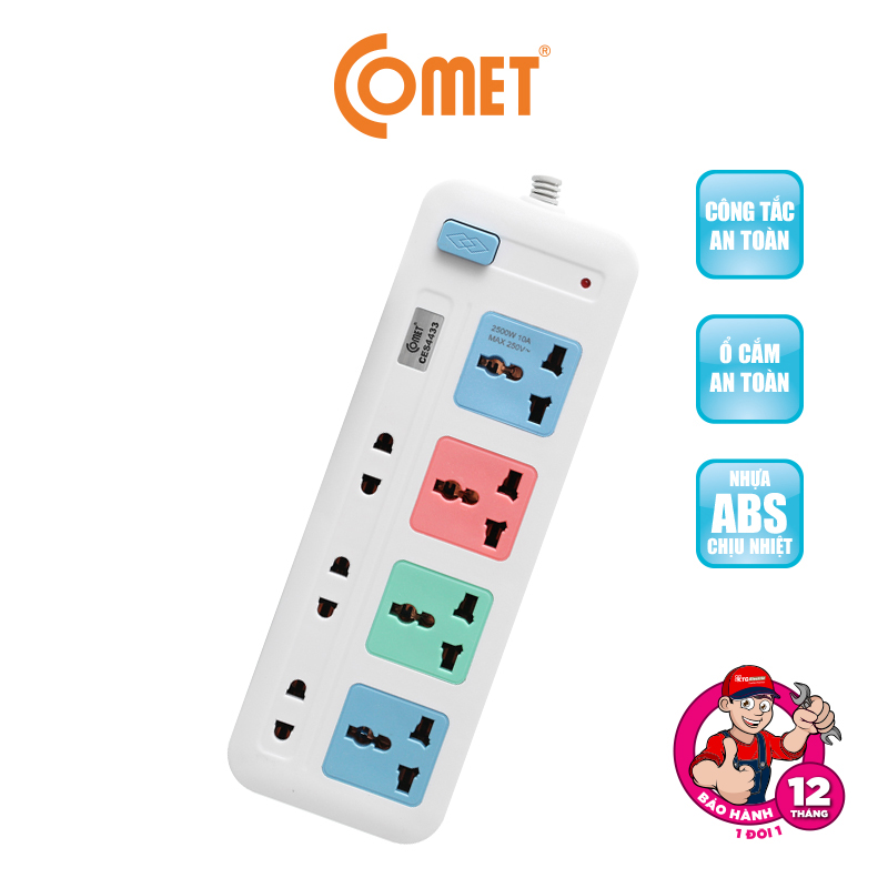 Mô tả Ổ Cắm Điện Đa Năng COMET Dây 85cm/2m/3m/5m, Công Suất 2500w/1800w, Chống Cháy, Chịu Nhiệt Cao, Công Tắc On/Off - 2