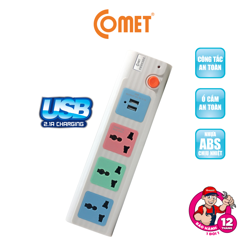 Mô tả Ổ Cắm Điện Đa Năng COMET Dây 85cm/2m/3m/5m, Công Suất 2500w/1800w, Chống Cháy, Chịu Nhiệt Cao, Công Tắc On/Off - 4