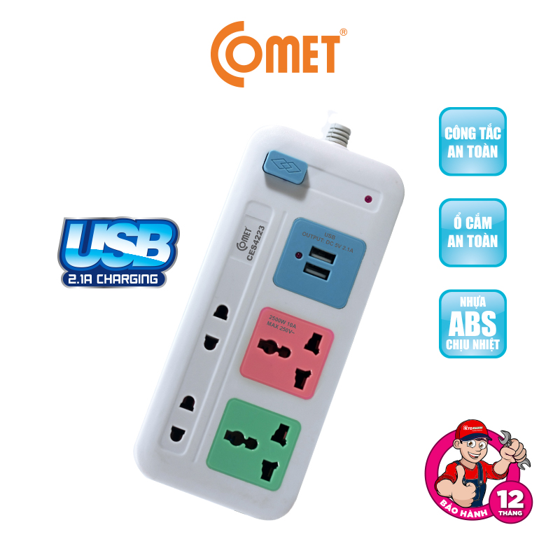 Mô tả Ổ Cắm Điện Đa Năng COMET Dây 85cm/2m/3m/5m, Công Suất 2500w/1800w, Chống Cháy, Chịu Nhiệt Cao, Công Tắc On/Off - 3