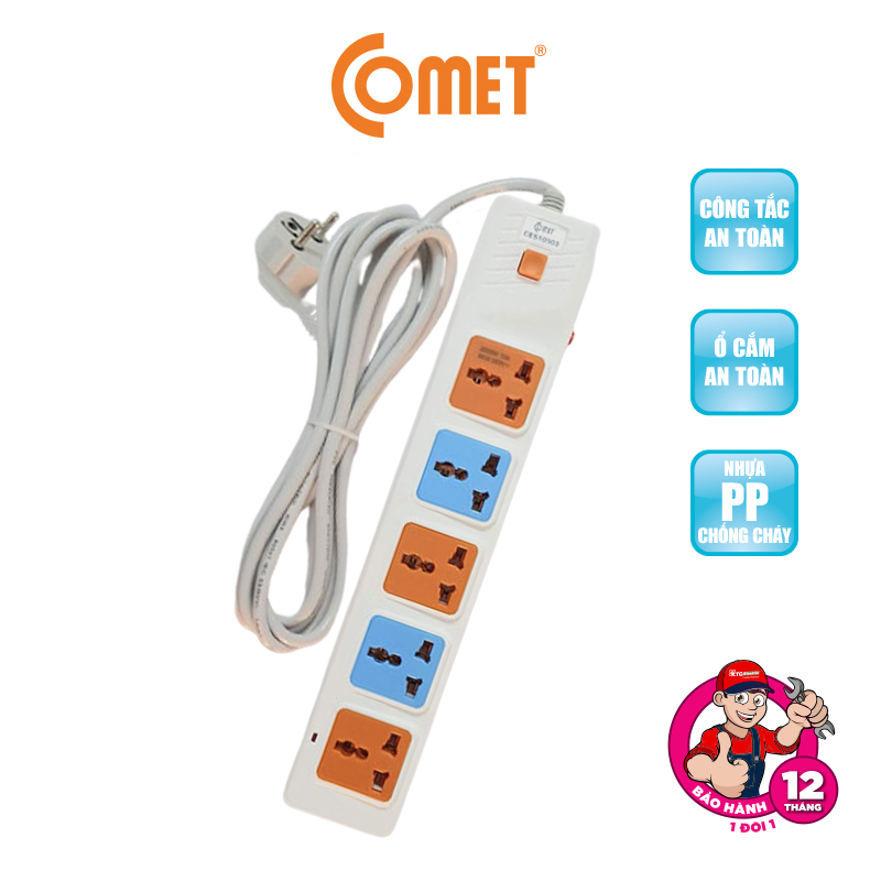 Mô tả Ổ Cắm Điện Đa Năng COMET Dây 85cm/2m/3m/5m, Công Suất 2500w/1800w, Chống Cháy, Chịu Nhiệt Cao, Công Tắc On/Off - 9