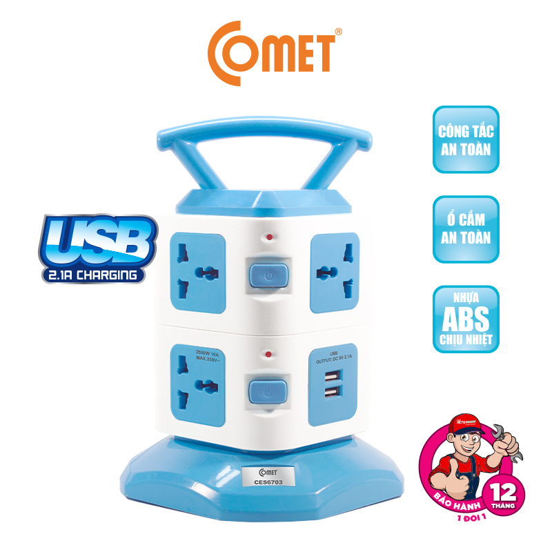 Mô tả Ổ Cắm Điện Đa Năng COMET Dây 85cm/2m/3m/5m, Công Suất 2500w/1800w, Chống Cháy, Chịu Nhiệt Cao, Công Tắc On/Off - 11