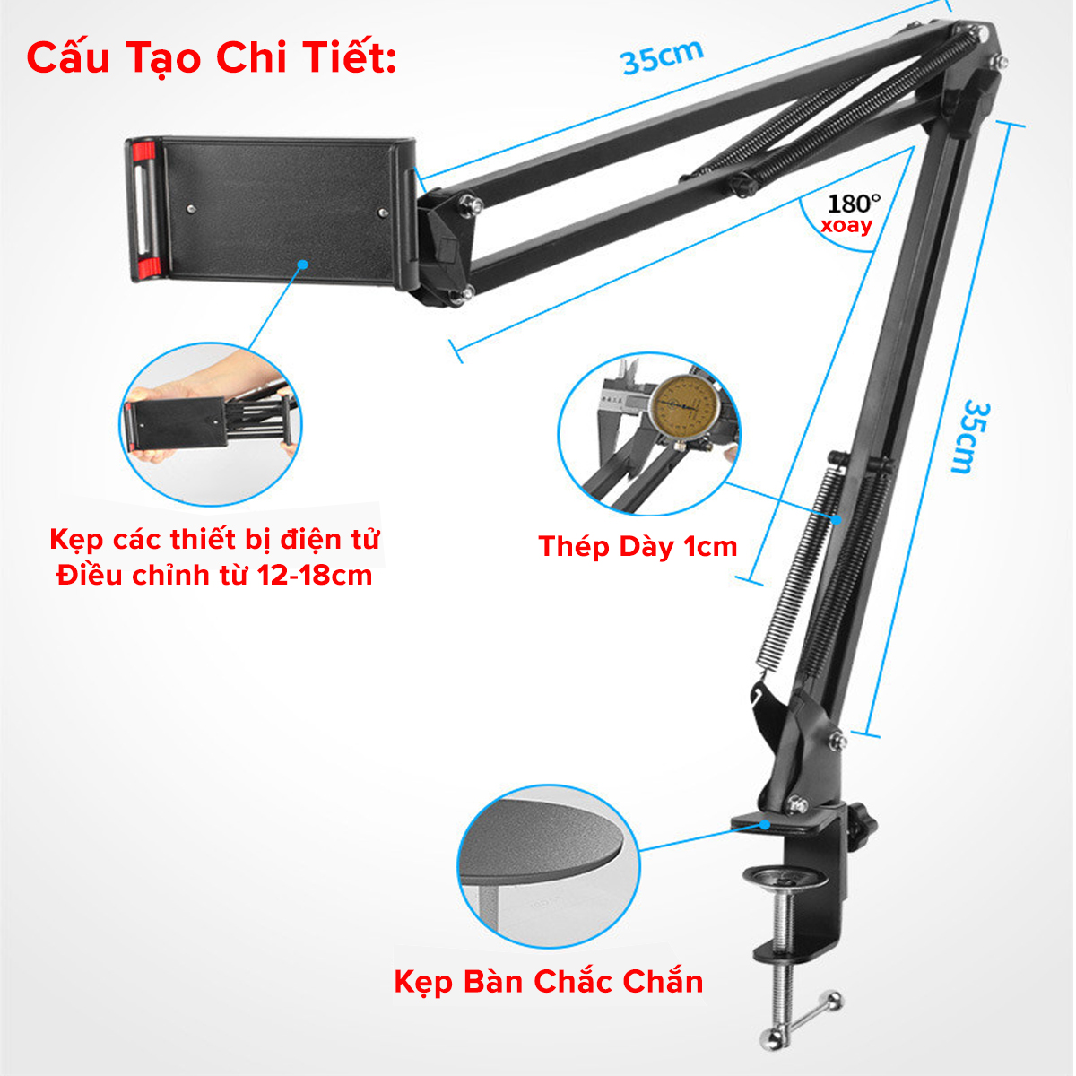 Mô tả Giá Đỡ Điện Thoại, Máy Tính Bảng 12 - 18cm, Ipad Xem Phim Lướt Web Livetream Kẹp Đầu Giường, Kẹp Bàn Chính Hãng Amalife - 3