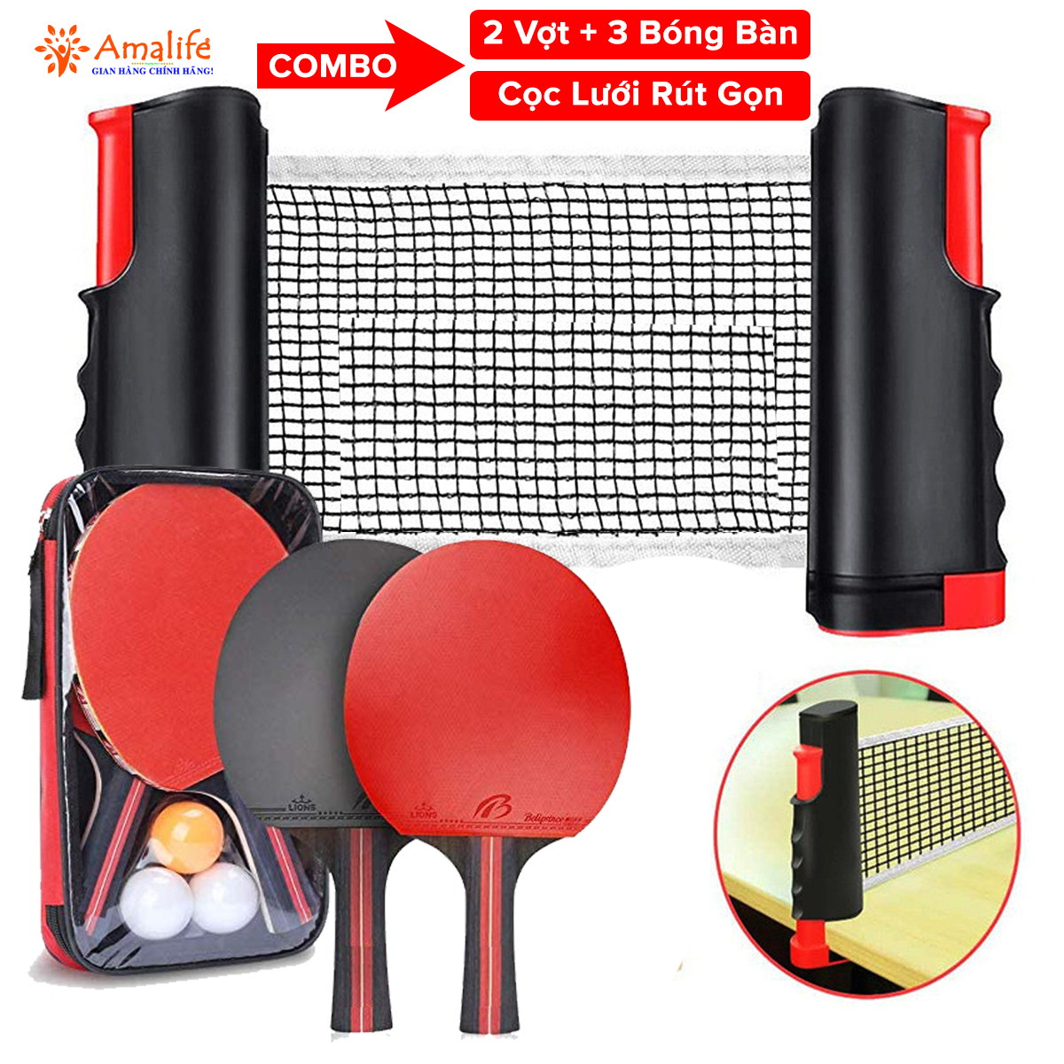 Mô tả Combo 2 Vợt Bóng Bàn Tặng Kèm 3 Quả Bóng Bàn + Kẹp Trụ Lưới Bóng Bàn Rút Gọn Nhựa ABS 1,7m Chính Hãng Amalife - 1
