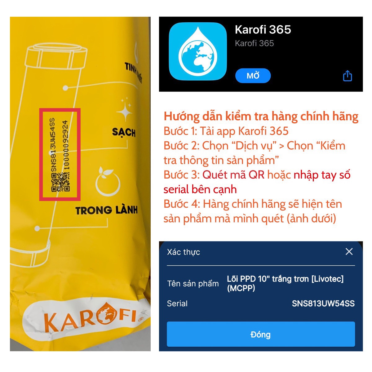 cách kiểm tra Combo 3 Lõi 123 Livotec Karofi Mẫu Mới chính hãng