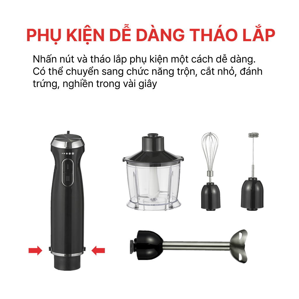 Mô tả Máy Xay Cầm Tay 4 In 1 Đa Năng 1000W HAPPYCOOK, Máy Làm Sinh Tố, Đánh Kem, Đánh Trứng - 6