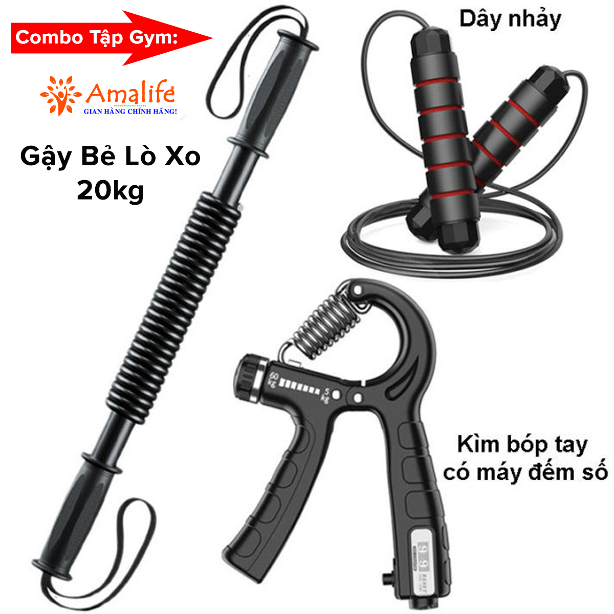 Mô tả COMBO Gậy Bẻ Lò Xo 20kg + Kìm Bóp Tay Đếm Số + Dây Nhảy Lõi Thép, Thanh Lò Xo 20kg Kháng Lực Chính Hãng Amalife - 1