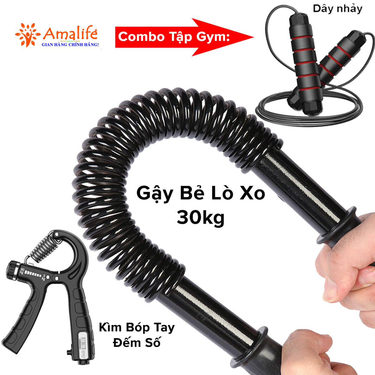 Mô tả Combo Gậy Bẻ Lò Xo 30kg + Kìm Bóp Tay Đếm Số + Dây Nhảy Lõi Thép, Thanh Lò Xo 30kg Kháng Lực Chính Hãng Amalife - 1