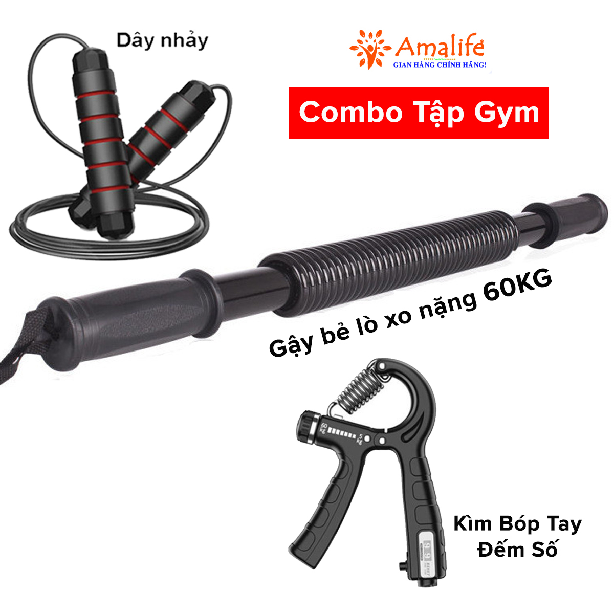 Mô tả Combo Hot Gậy Bẻ Lò Xo 60kg + Kìm Bóp Tay Đếm Số + Dây Nhảy Lõi Thép, Thanh Lò Xo 60kg Kháng Lực Chính Hãng Amalife - 1