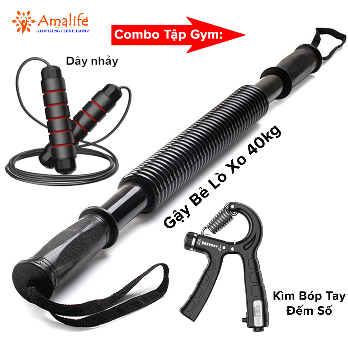 Mô tả Gậy Bẻ Lò Xo 40kg + Kìm Bóp Tay Đếm Số + Dây Nhảy Lõi Thép, Combo Thanh Lò Xo 40kg Kháng Lực Chính Hãng Amalife - 1