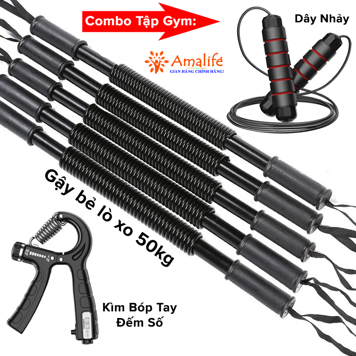 Mô tả Gậy Bẻ Lò Xo 50kg + Kìm Bóp Tay Đếm Số + Dây Nhảy Lõi Thép, Thanh Lò Xo 50kg Kháng Lực Combo Hot Chính Hãng Amalife - 1