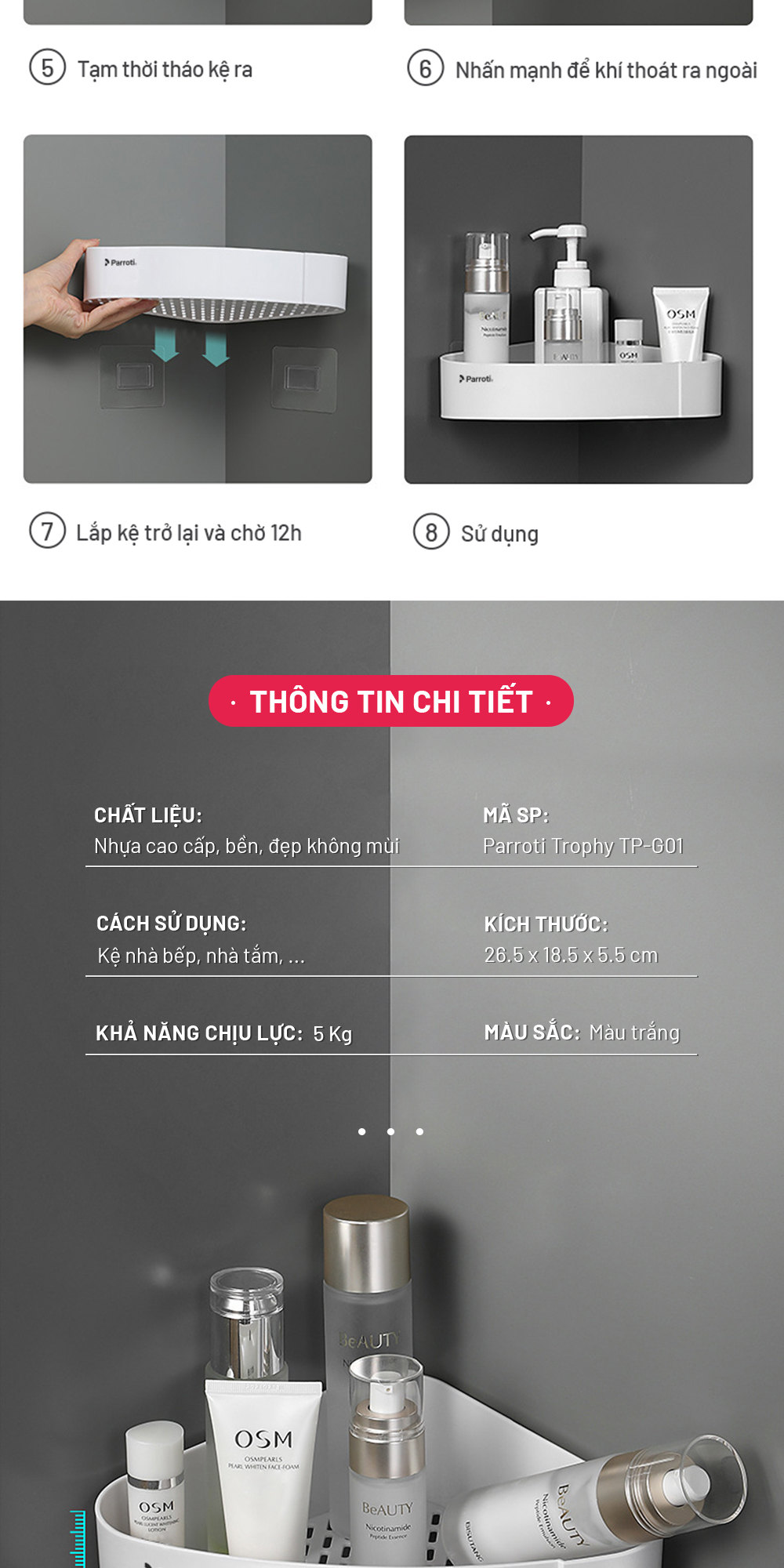 Mô tả Kệ góc nhà tắm để đồ đa năng, khay nhà bếp dán tường Parroti Trophy TP-G01 - 8